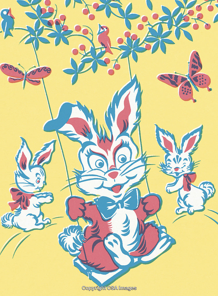 Colorful Cartoon Spring Scene of Bunnies Swinging with Butterflies and Birds