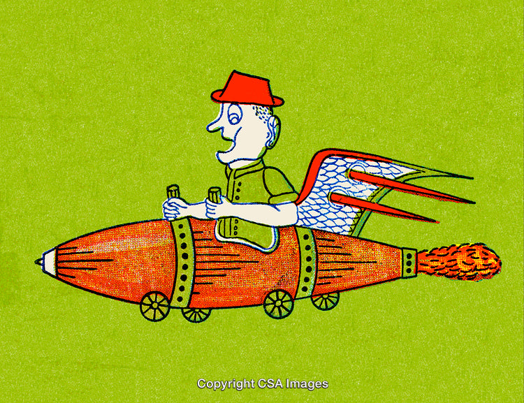 Colorful Illustration of Man Piloting a Rocket With Wings on a Bright Background