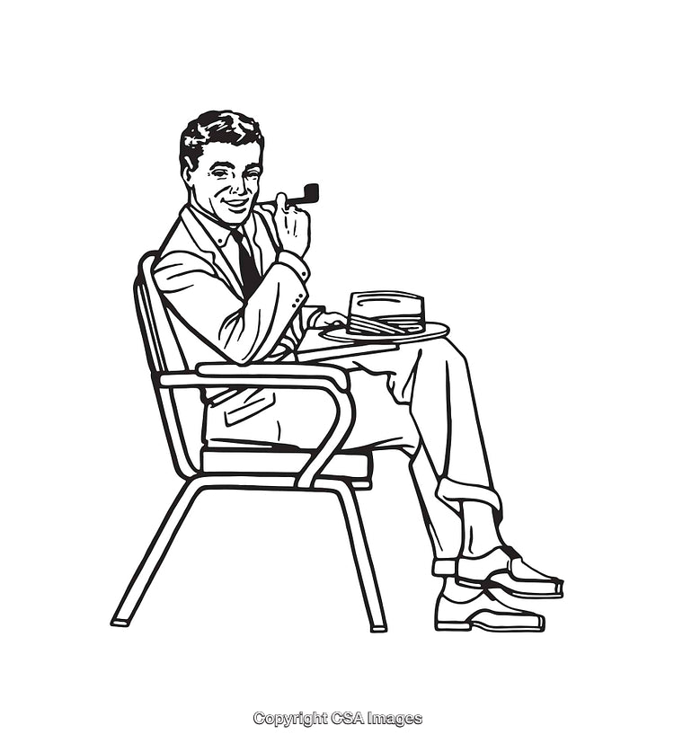 Black and White Line Art of a Man Seated with Pipe and Hat
