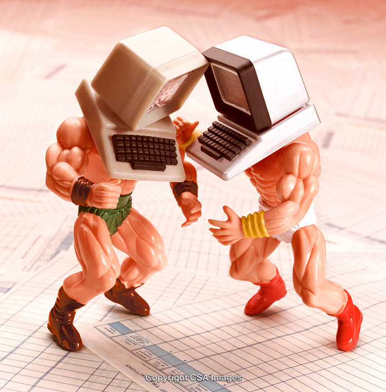 Two Doll Figures with Computer Heads in a Humorous Pose