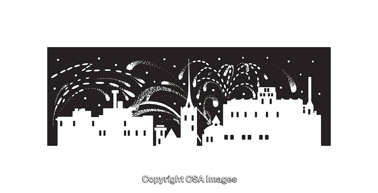 Black and White Urban Silhouette with Fireworks Display in the Night Sky