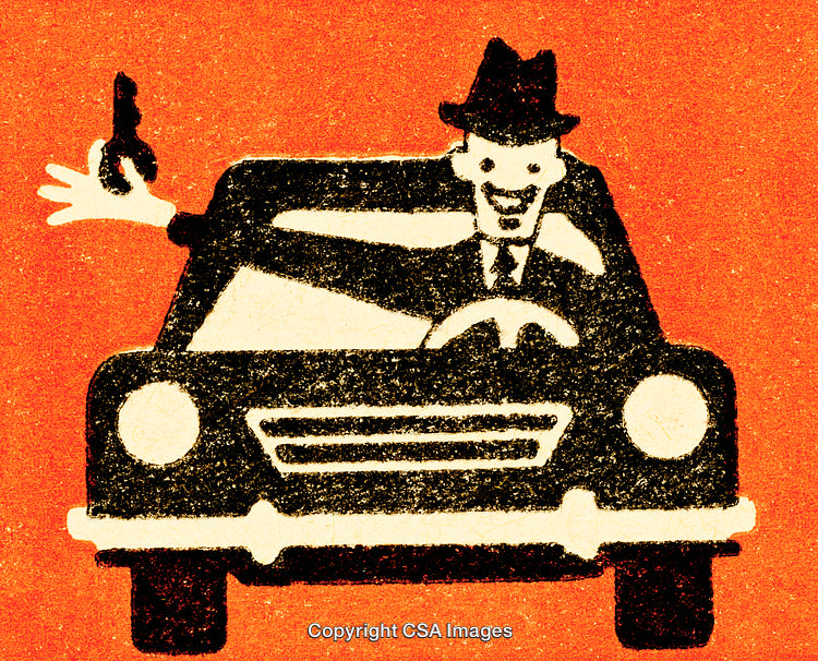 Retro Illustration of a Driver Holding a Gun in a Classic Car