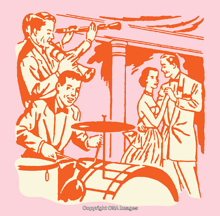 Retro Dance Scene with Live Musical Performance in Vibrant Line Art Style