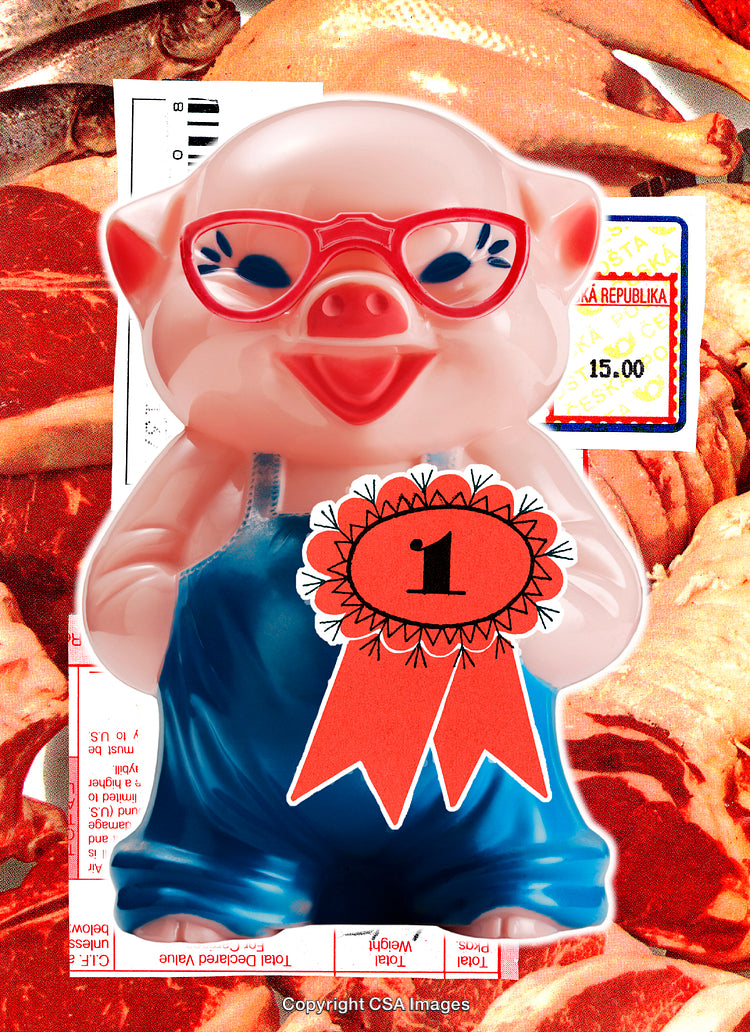 Plastic Pig Toy with Blue Overalls in Food Background Composition