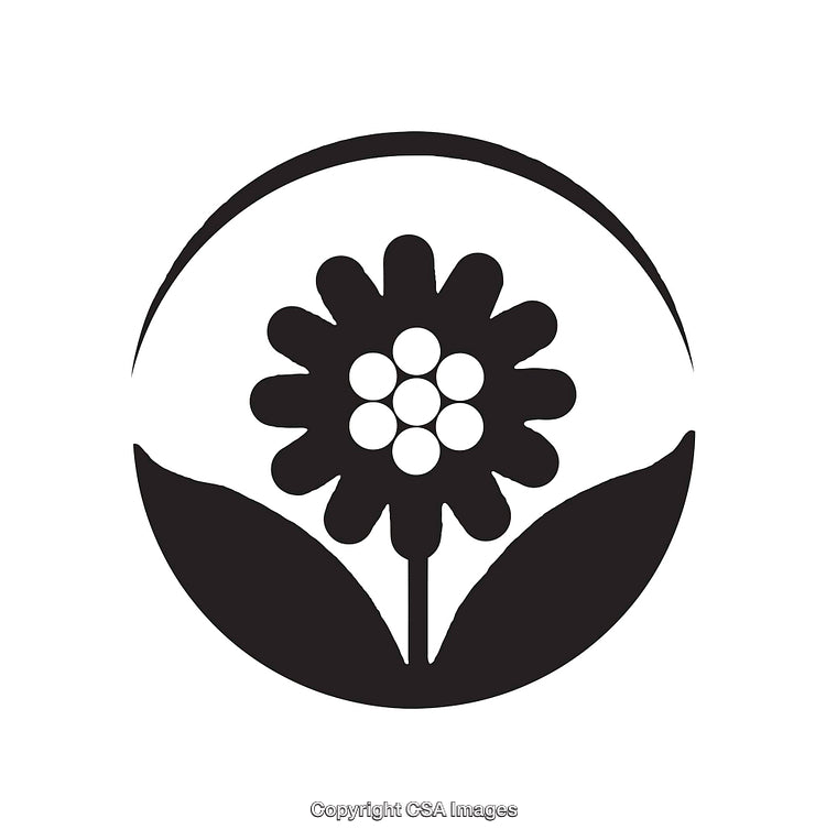 Black And White Floral Icon With Leaves And Circular Design