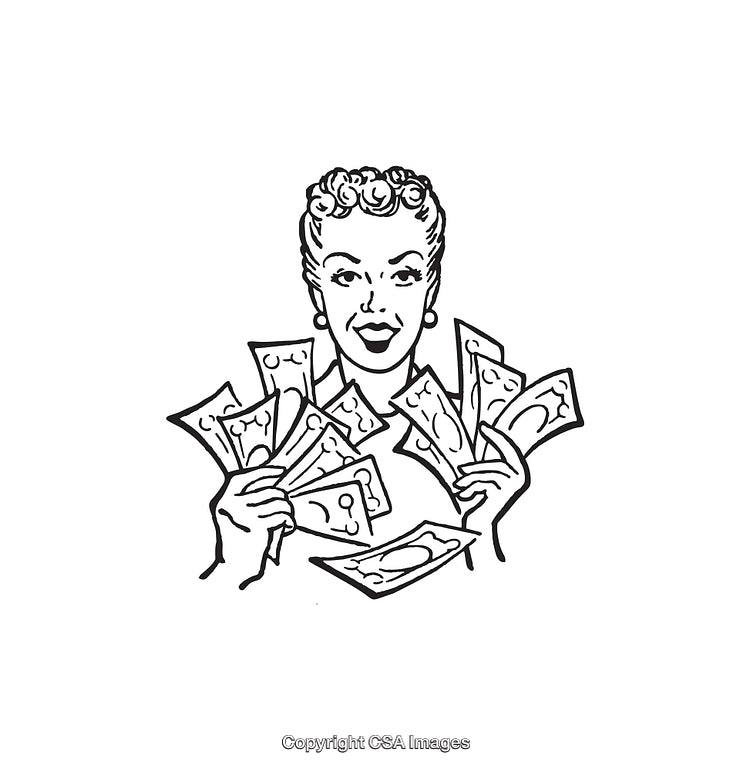 Retro Black and White Illustration of Woman Holding Money Bills