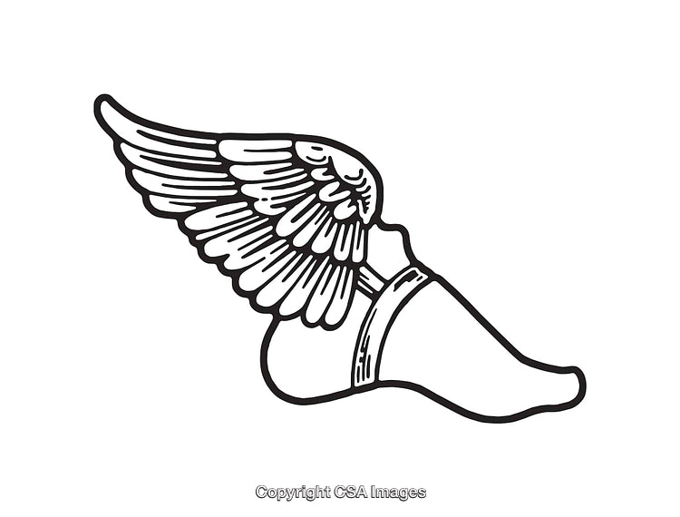 Black and White Line Art Illustration of a Winged Foot