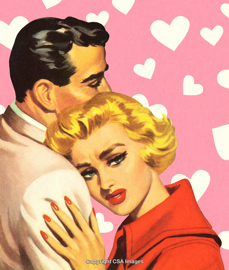 Retro Artwork of Romantic Couple With a Pink Background and Heart Shapes
