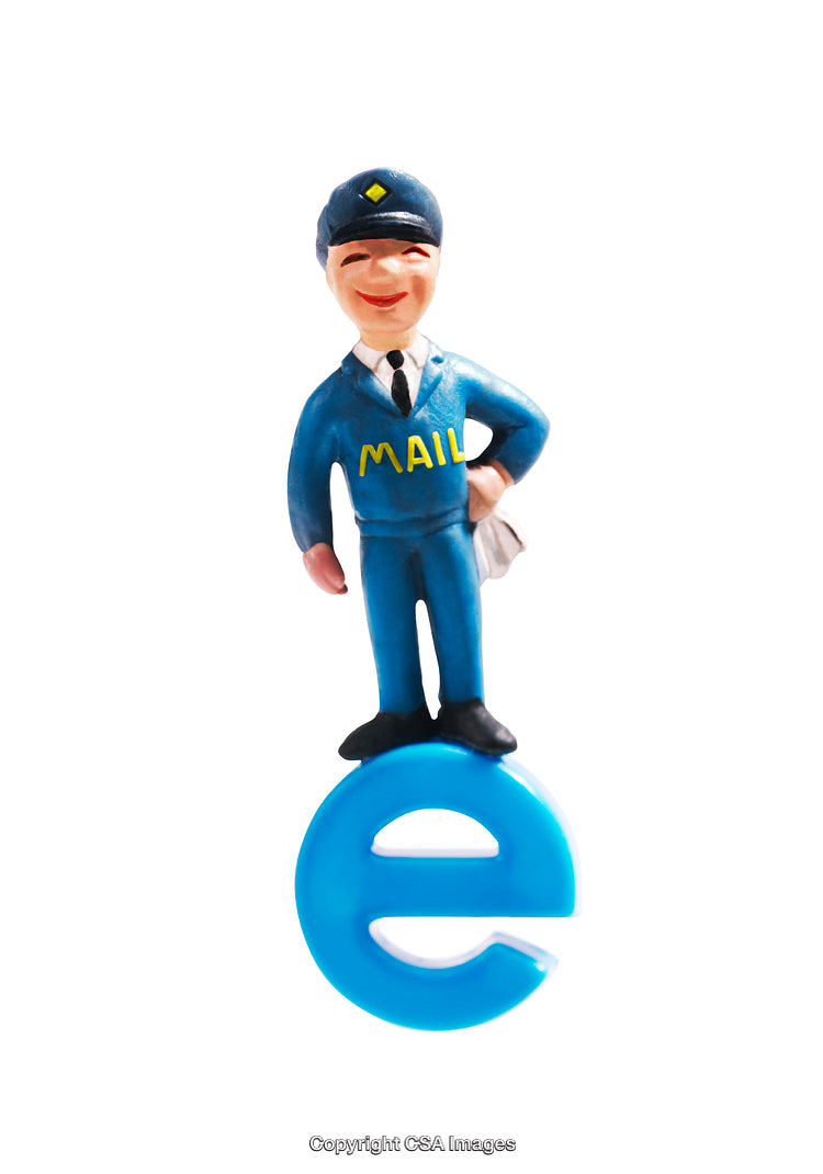 Toy Mailman Standing on Blue Letter Symbol in White Background