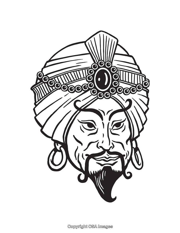 Black and White Illustration of a Turbaned Face with Bold Features