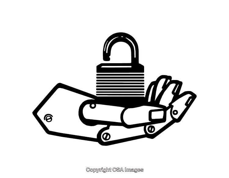 Robotic Hand Holding an Open Padlock in Line Art Illustration