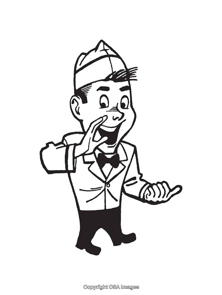 Black and White Cartoon Waiter Illustration in Vintage Style