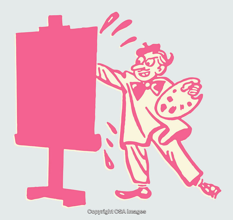 Vintage Style Color Line Art of a Happy Artist Painting a Canvas