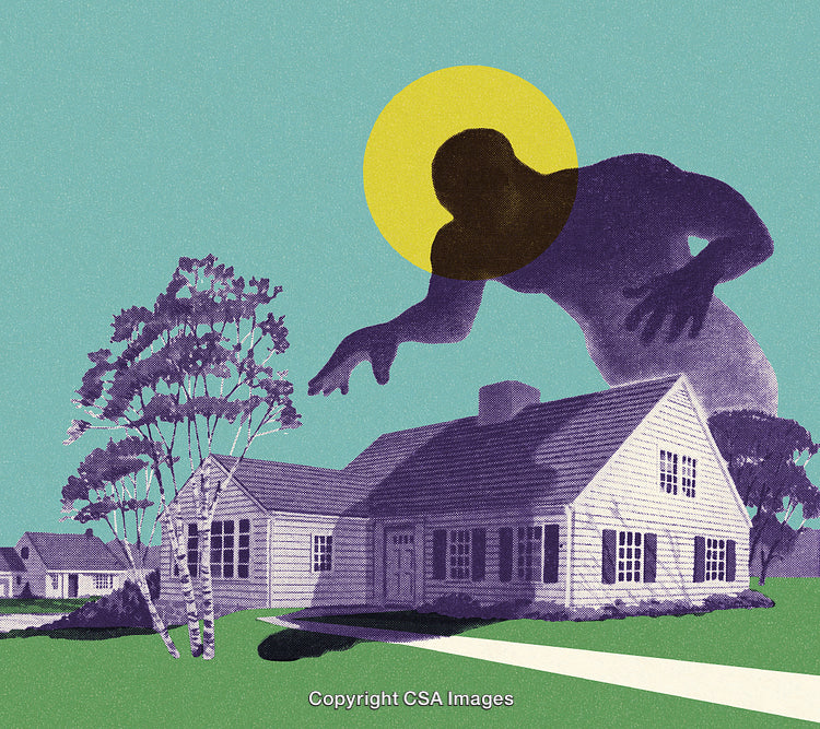 Surreal Scene of a Large Shadow Looming Over a House in a Neighborhood