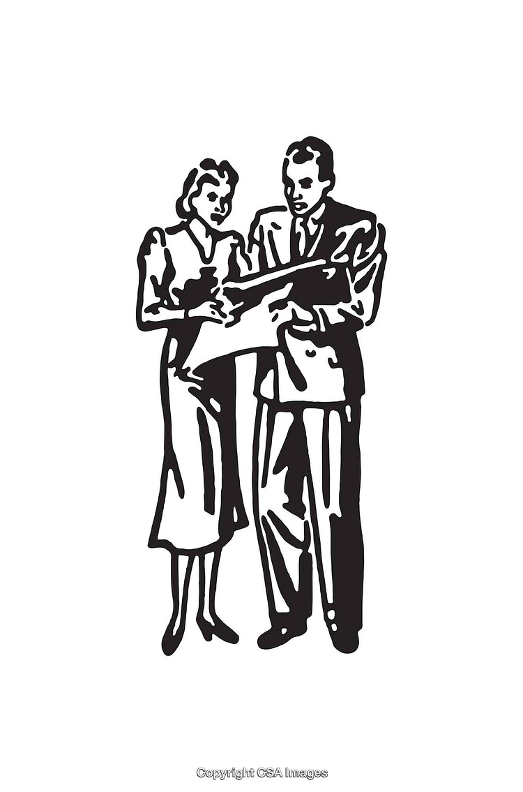 Black and White Line Art of Professionals Reviewing Documents Together