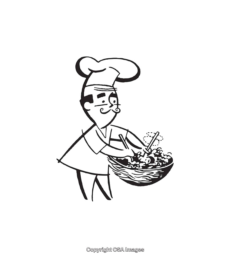 Cartoon Chef Mixing Ingredients in a Bowl, Black and White Line Art
