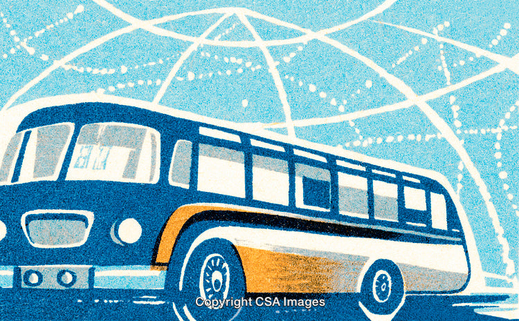 Colorful Illustration of a Vintage Bus Under Geometric Dome