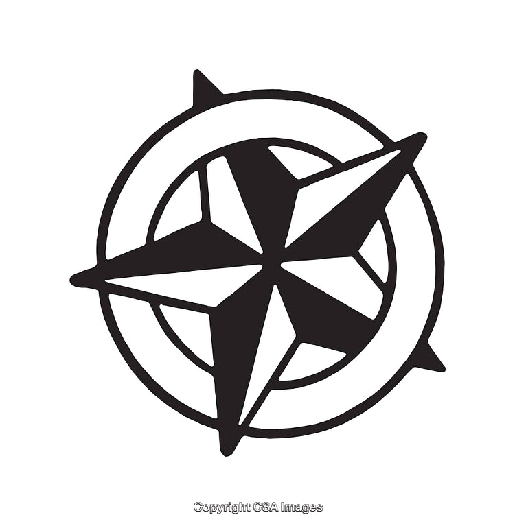 Black and White Compass Rose Illustration in Minimalist Line Art Style