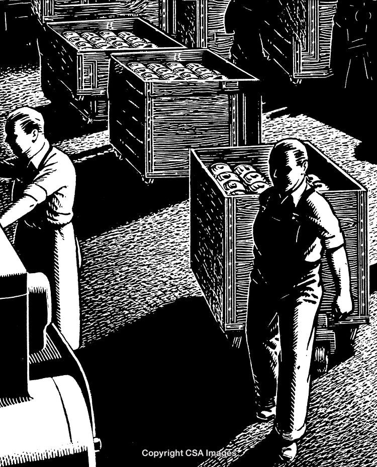 Black and White Engraving of Workers Handling Produce in a Factory Setting