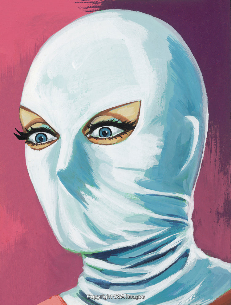 Abstract Artistic Portrait of Masked Figure with Captivating Eyes in Bright Colors