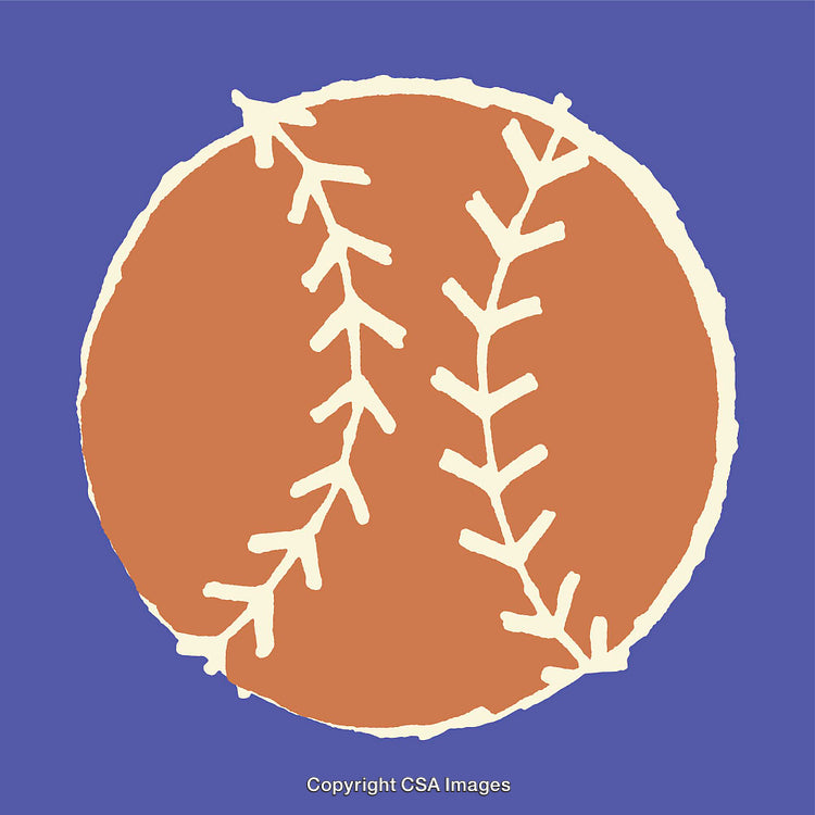Stylized Orange Baseball Illustration on Blue Background with Artistic Line Design