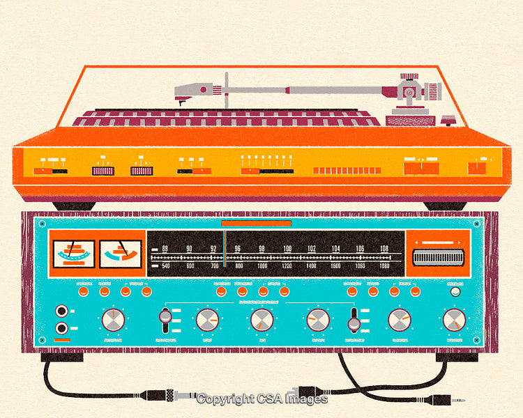 Retro Record Player and Amplifier Illustration in Bright Vibrant Colors