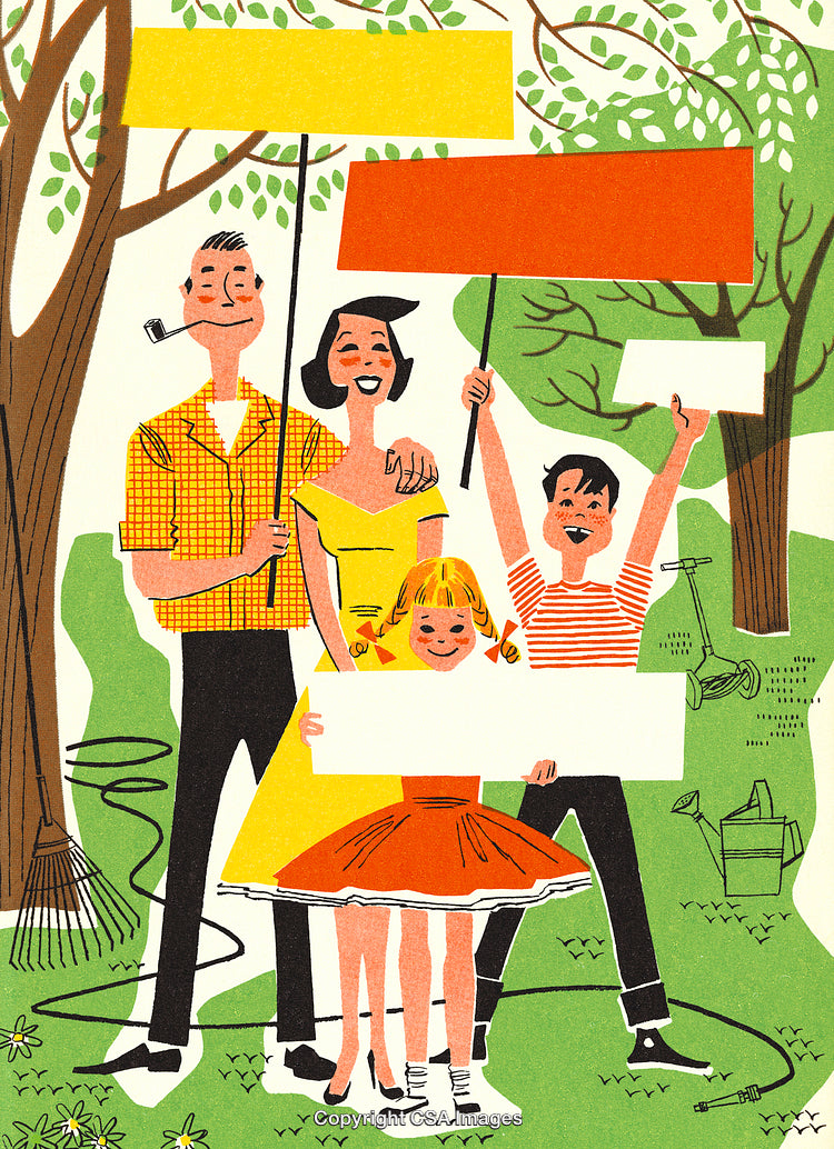 Retro Illustration of a Family Outdoors Holding Colorful Blank Signs