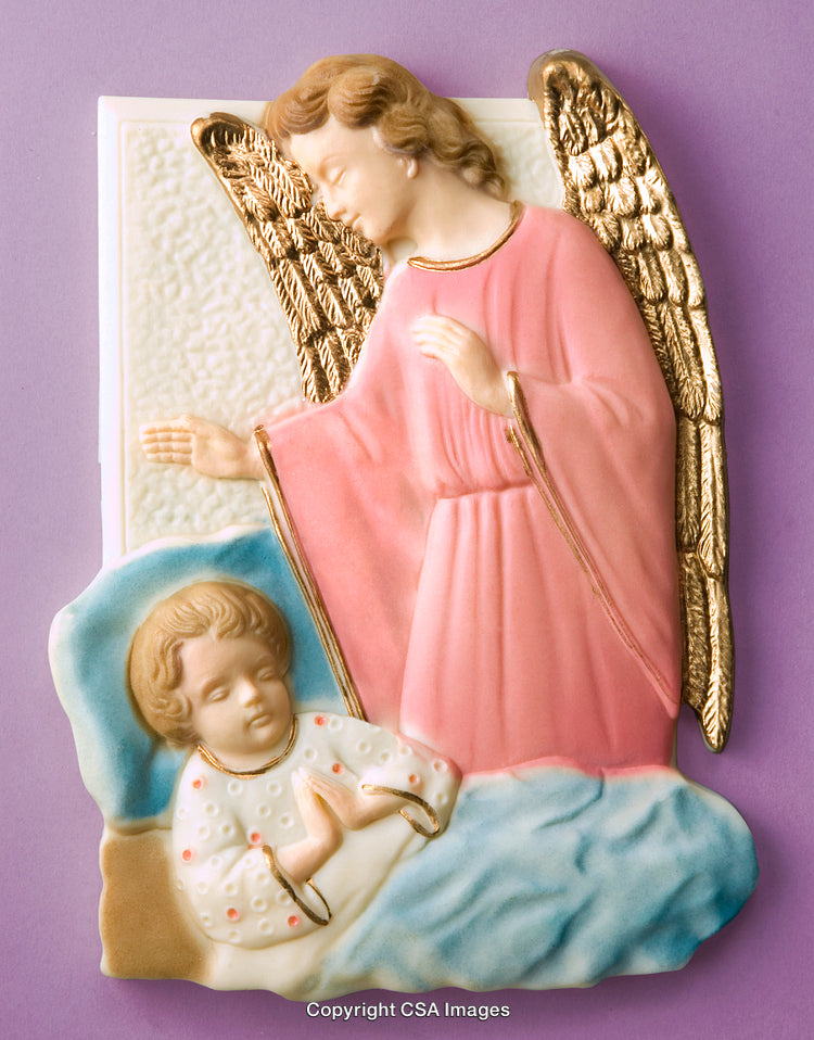 Religious Figurine of Angel Watching Over Praying Child