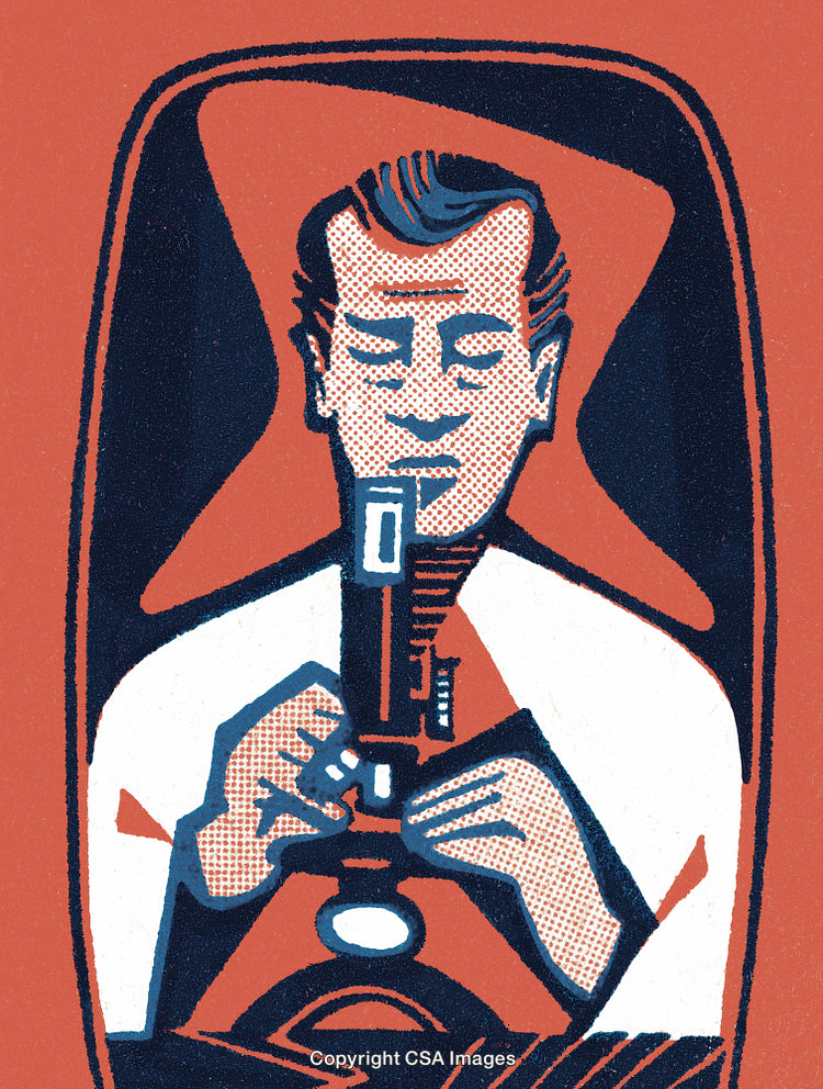 Scientist Working with Microscope in Retro-Style Illustration