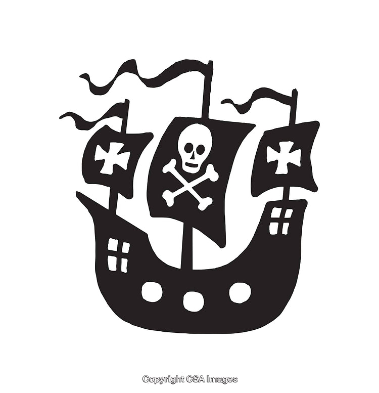 Black And White Pirate Ship Illustration Featuring Skull And Crossbones