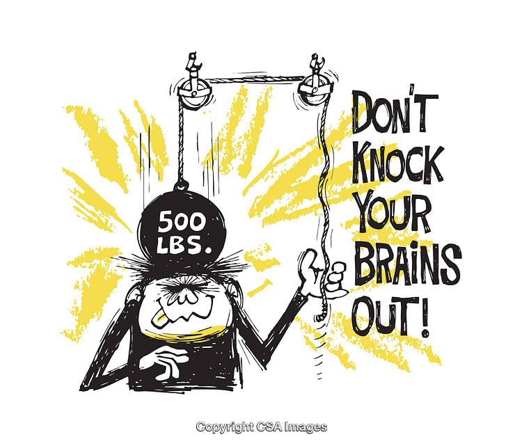 Humorous Illustration Highlighting Safety with Cartoon Character Under Heavy Object