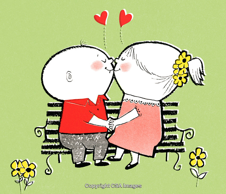 Cute Illustration of a Couple on a Bench Sharing a Romantic Kiss