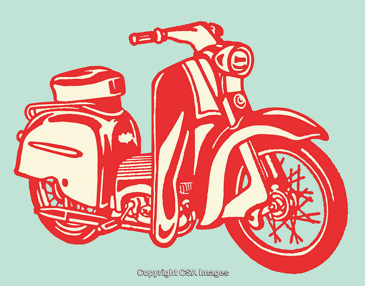 Vintage Motorcycle Illustration in Red on a Light Green Background