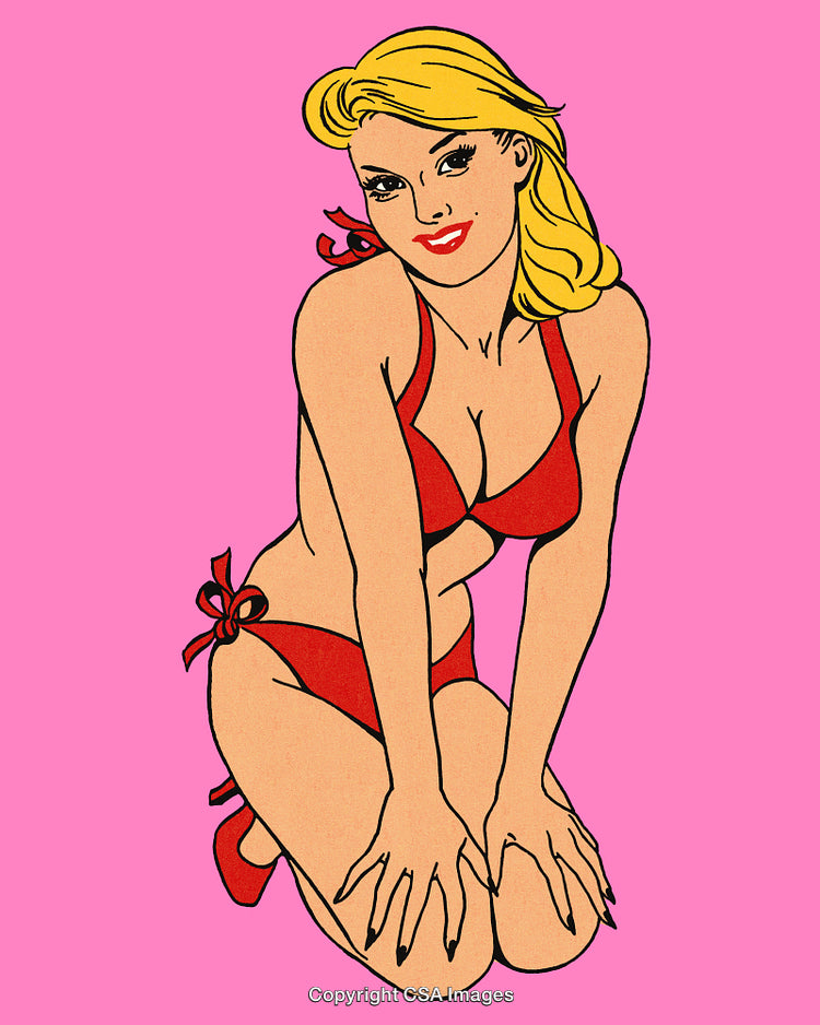 Retro Illustration of a Stylish Woman in Red Bikini on Pink Background