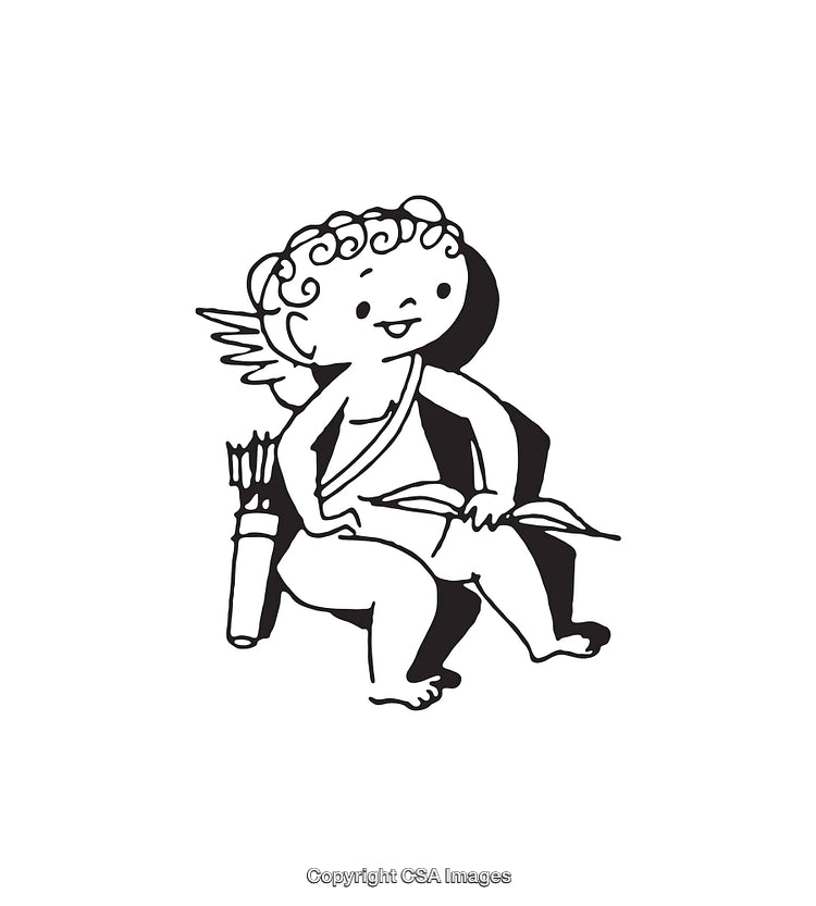 Black and White Line Art of a Cherubic Angel with Quiver and Arrow