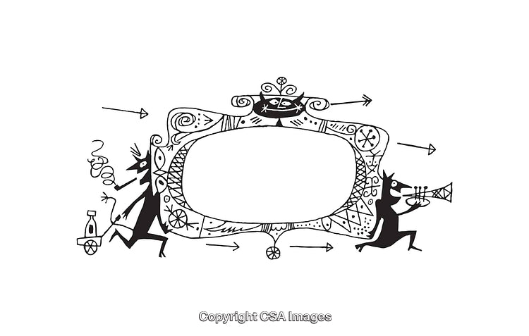 Whimsical Black and White Line Art Frame with Playful Figures