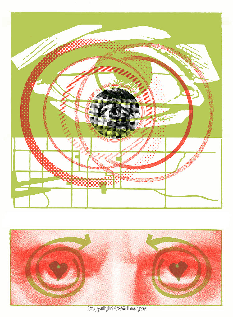 Abstract Artistic Composition Featuring Eye and Heart Motifs in Graphic Style