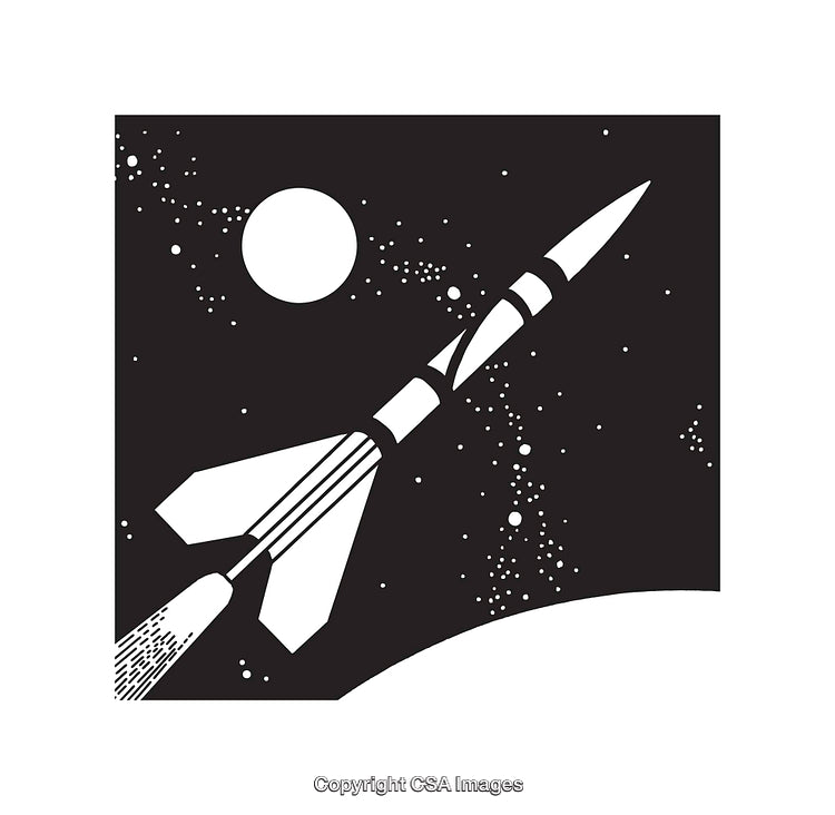 Black and White Rocket Spaceship Flying Through Outer Space Scene