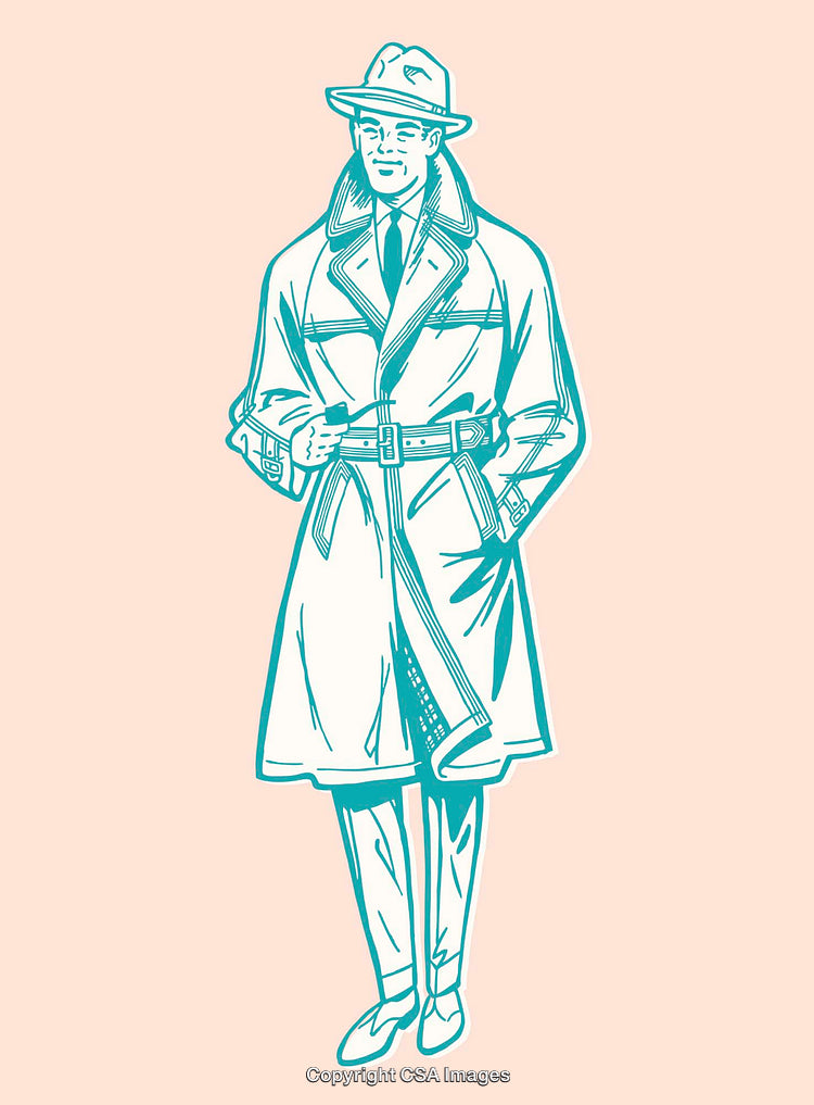 Retro Line Art Illustration of a Man in a Trench Coat and Hat