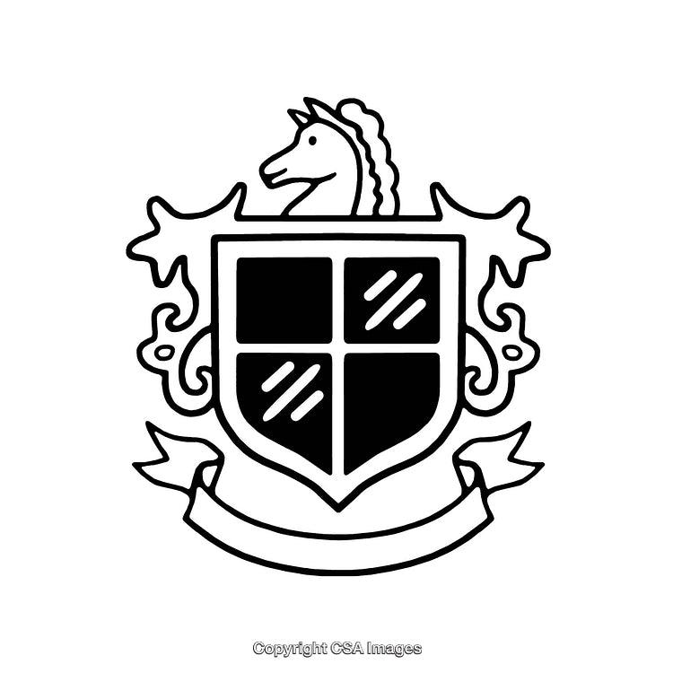 Black and White Heraldic Crest with Horse and Shield Design