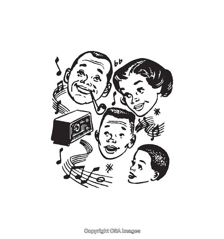 Vintage Black and White Illustration of Radio and People Singing