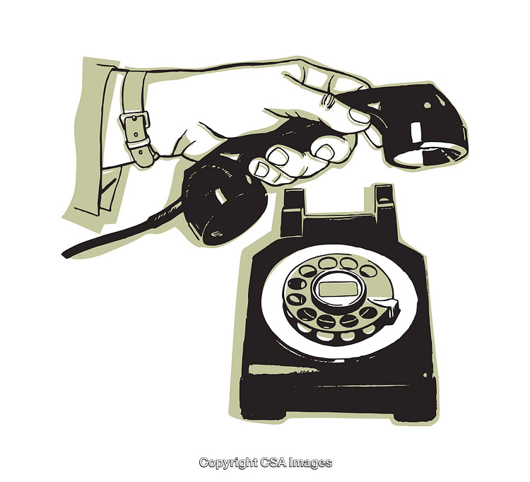 Vintage Artwork of a Rotary Telephone with Hand Picking Up Handset