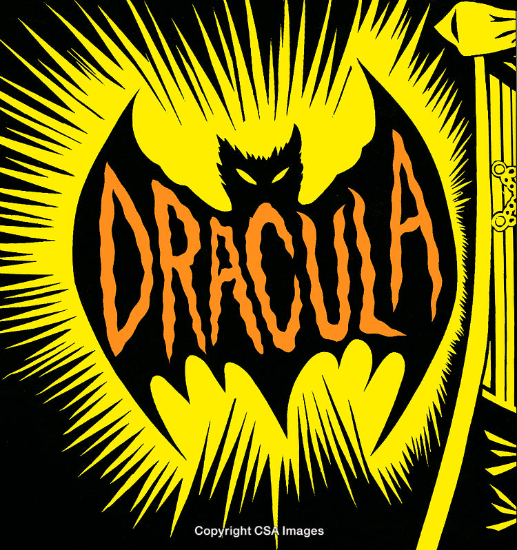 Colorful Gothic Illustration Featuring Dracula with Bat and Fiery Highlights