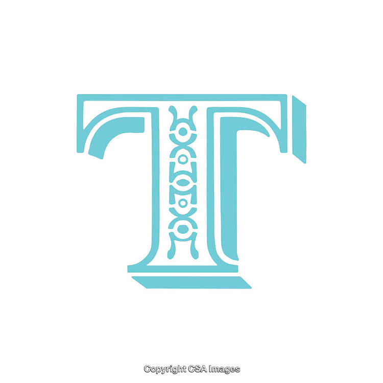 Intricately Designed Decorative Letter T in Blue on White Background