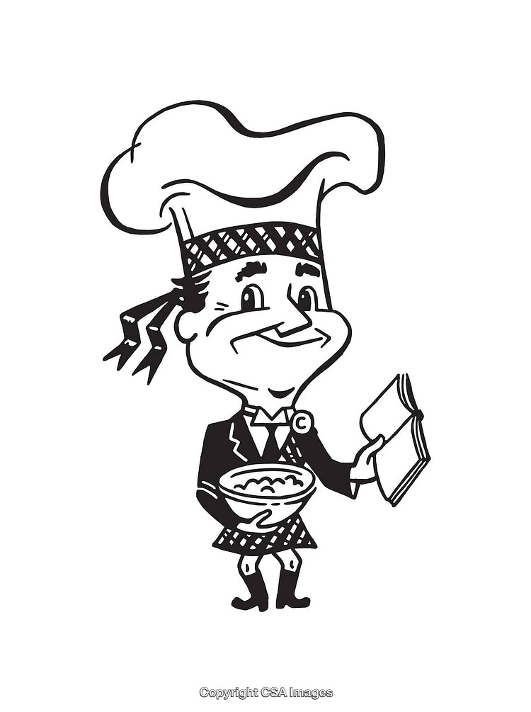 Black And White Cartoon Chef Illustration Holding Bowl And Cookbook