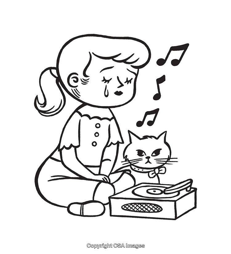 Black and White Line Art of Girl Listening to Music with Cat