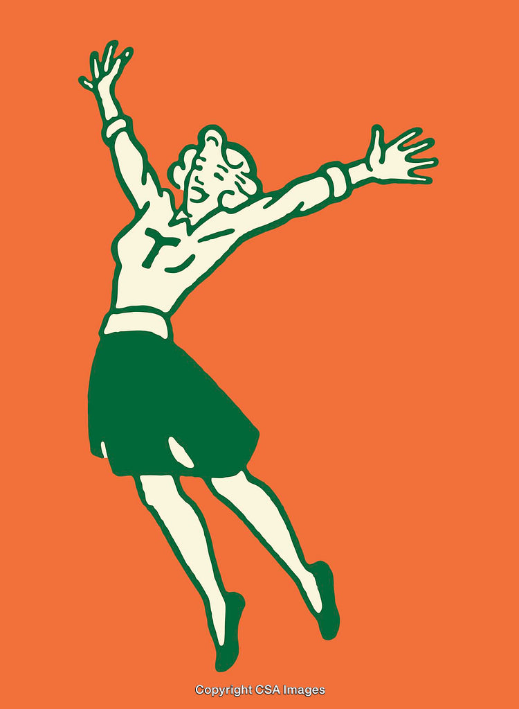 Retro Styled Illustration of Happy Woman Jumping on Orange Background