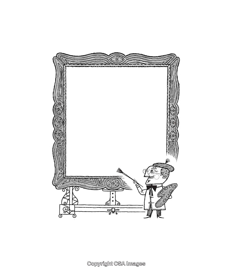 Black and White Line Art of Artist with Ornate Frame