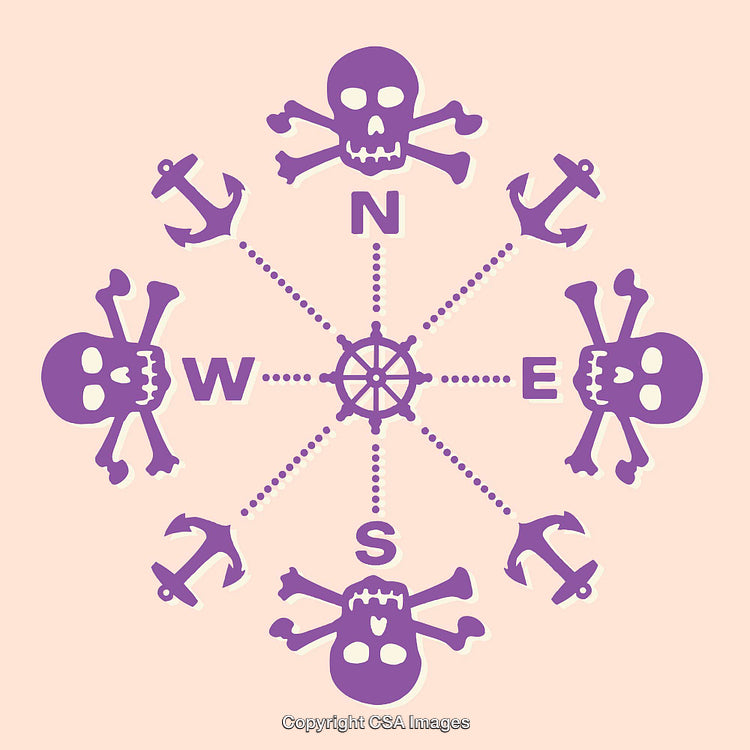 Colorful Pirate Nautical Compass-Themed Skeleton and Anchor Design Illustration