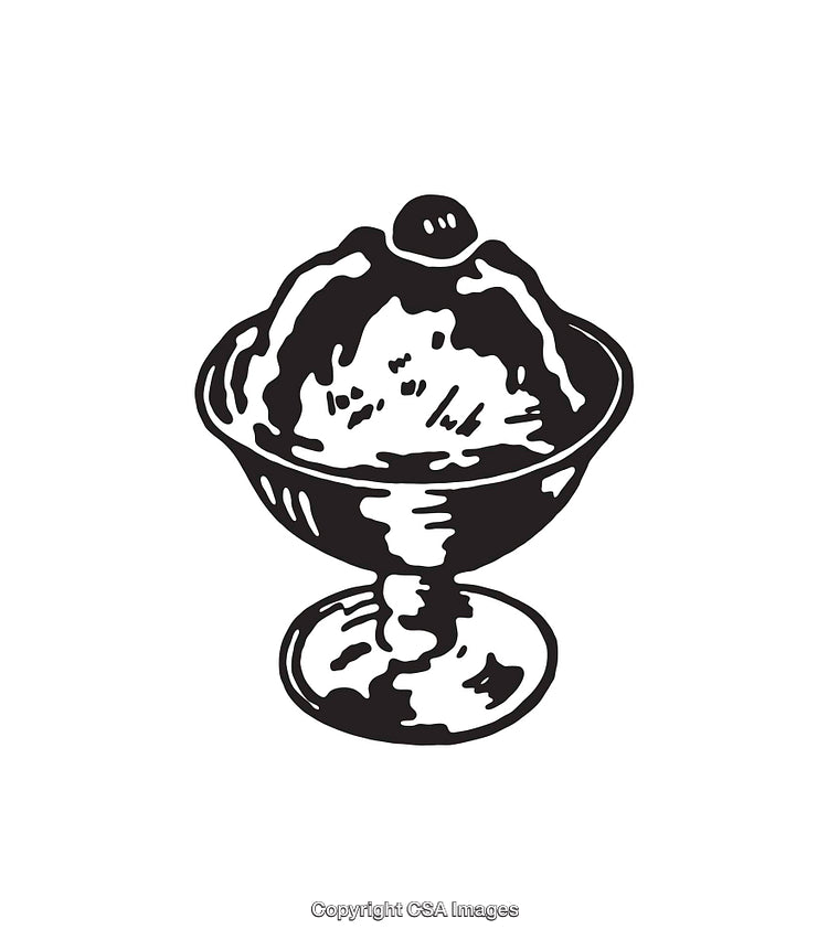 Black and White Line Drawing of Sundae in Dessert Glass Bowl